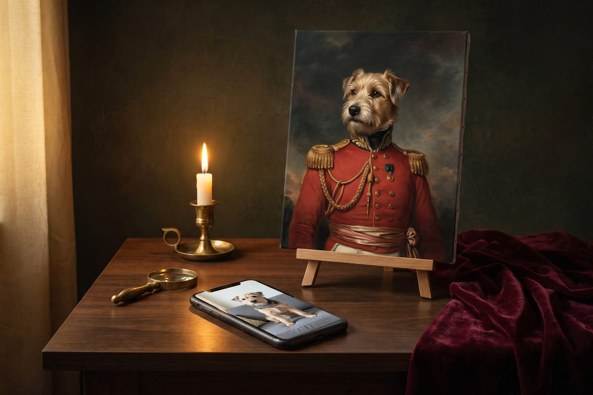 A phone photo of a terrier on an atelier table, beside the finished Military Commander portrait of the same dog