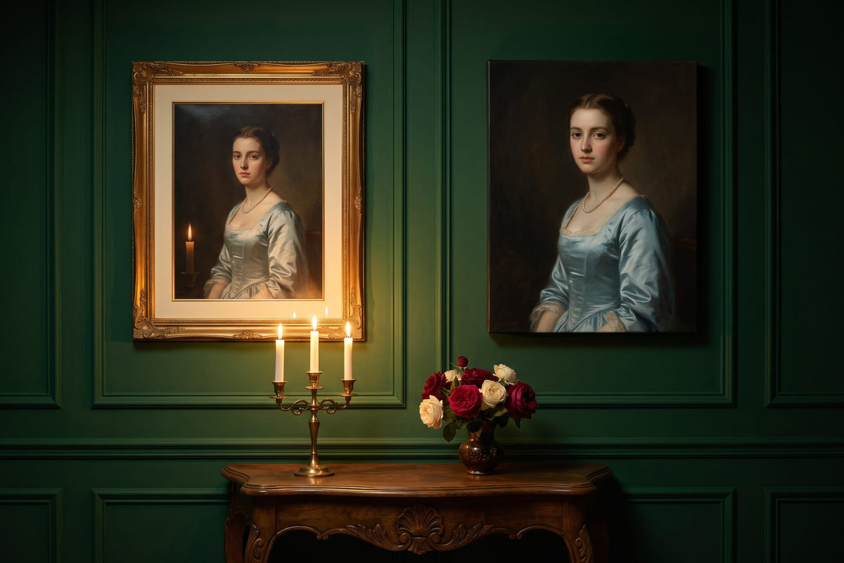 The same Noble Lady portrait as a framed fine art print and as a gallery canvas, side by side on a green wall