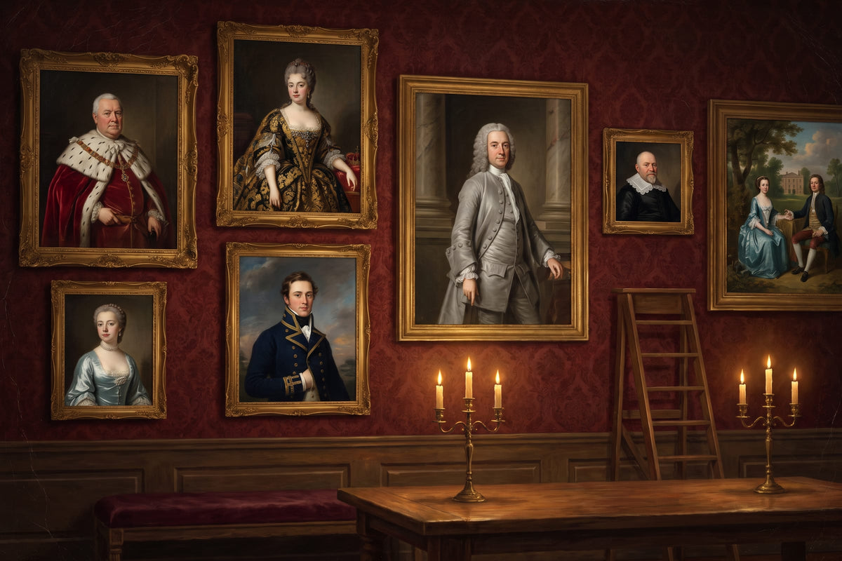 Un mur d'atelier éclairé à la bougie où sont accrochés sept portraits à l'ancienne, un pour chaque style d'Atelier Royal