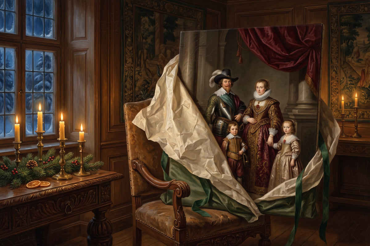 A Palace Portrait-style family portrait, half-unwrapped as a personalized Christmas gift in a candlelit drawing room