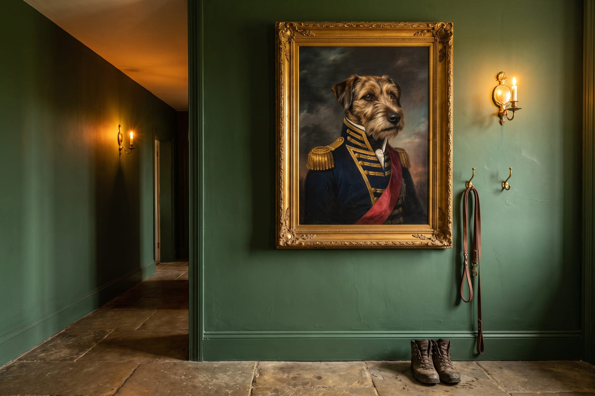 Military Commander-style royal portrait of a fictional terrier in an officer's coat, hanging in a candlelit hallway above a leather leash