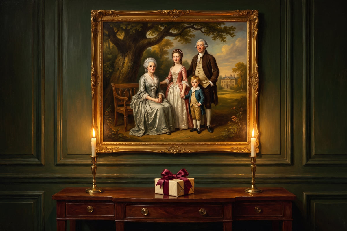 Portrait de famille de grands-parents, de leur fille et de leur petit-fils en style Domaine aristocratique, au-dessus d'une console et d'un cadeau
