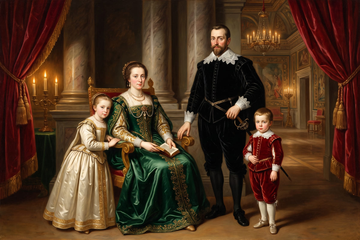 A Palace Portrait of a family of four among marble columns and crimson drapery