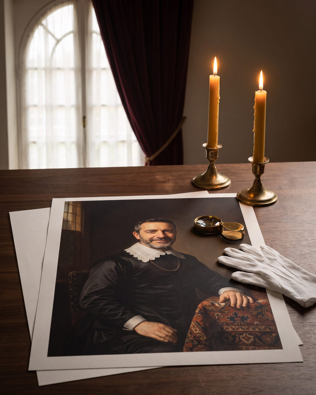 A Golden Age portrait proof print on a candlelit atelier table with a brass loupe and a white cotton glove