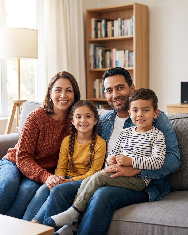 A phone photo of a smiling family of four on a grey sofa, the little boy on his father's knee