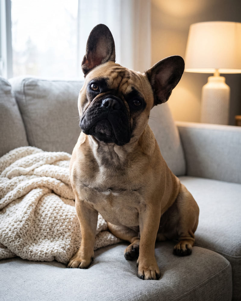 A phone photo of a fawn French bulldog sitting on a grey sofa, head slightly tilted