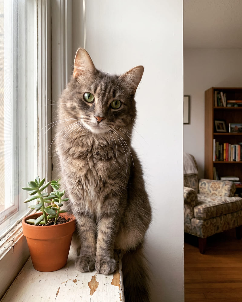 A phone photo of a green-eyed tabby cat sitting on a windowsill beside a small plant