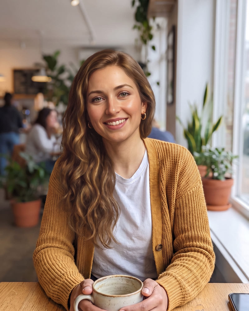 A casual phone photo of a smiling woman with long wavy light brown hair in a mustard cardigan, sitting at a cafe table