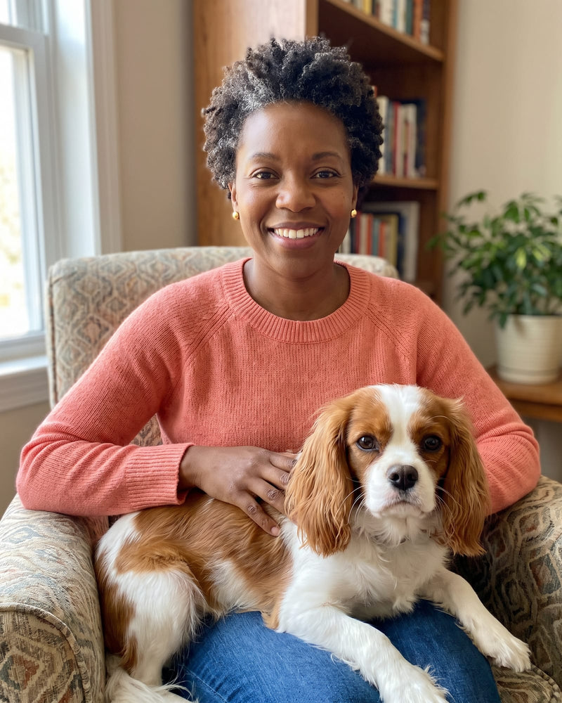 A phone photo of a smiling woman in a coral sweater with a Cavalier King Charles spaniel on her lap