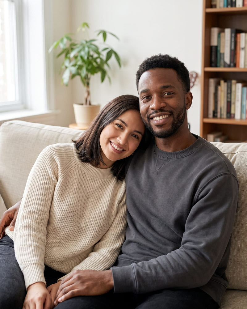 A phone photo of a young couple smiling on a linen sofa, her head resting on his shoulder