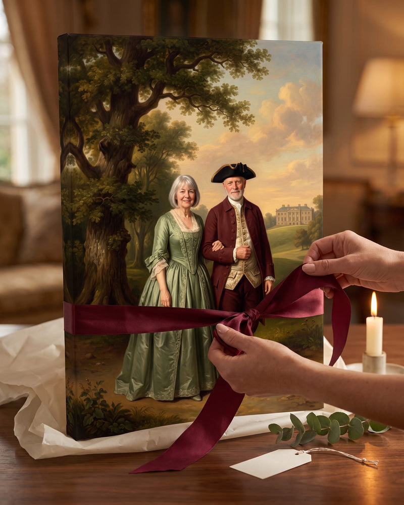 Hands tying a burgundy ribbon around a gallery canvas portrait of an older couple, a gift being wrapped at home