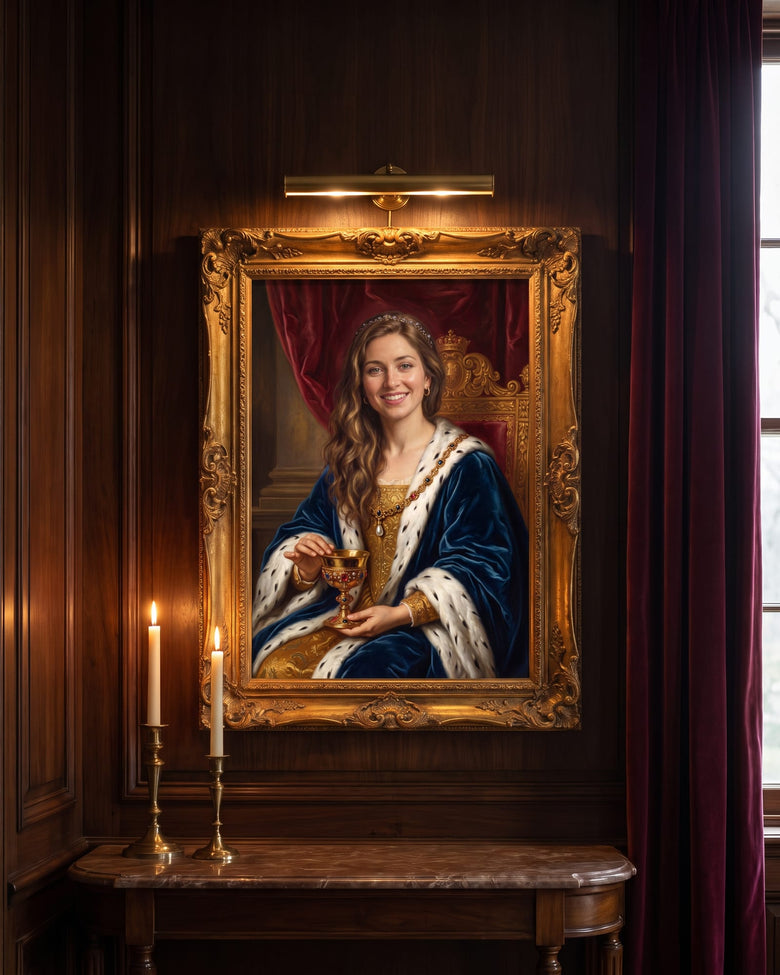 A Royal Court portrait of a smiling woman in an ornate gilded frame on a candlelit walnut-panelled wall