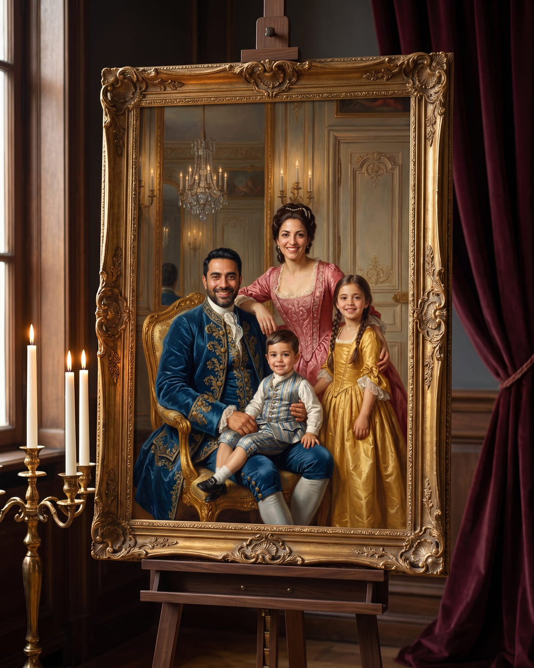 Un portrait de palais d'une famille de quatre personnes dans un cadre doré sculpté, sur un chevalet près d'un candélabre