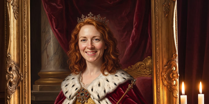 A Royal Court portrait of a smiling red-haired woman with a tiara and an ermine-lined mantle, in a carved gilded frame on an easel beside a candelabra