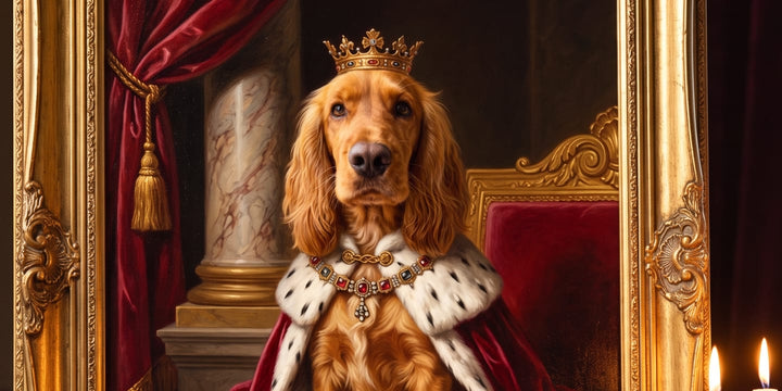 A Royal Court portrait of a crowned cocker spaniel in an ermine-trimmed velvet cape, in a carved gilded frame on an easel beside a candelabra