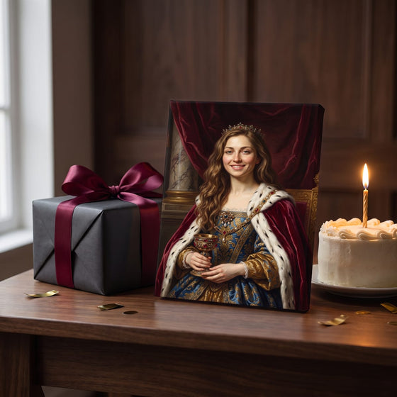 A small gallery canvas Royal Court portrait beside a wrapped gift and a small cake with one candle