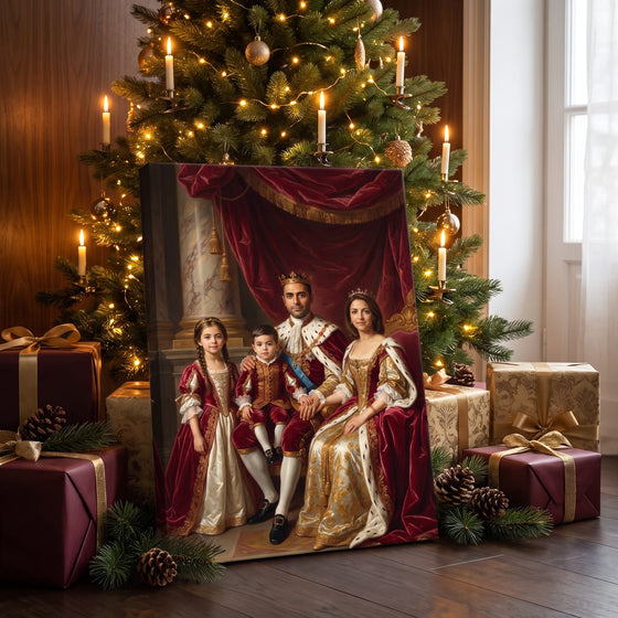A Royal Court family portrait on canvas leaning beneath a candlelit Christmas tree among wrapped gifts