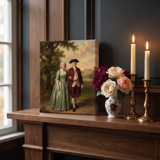 A small gallery canvas portrait of an older couple on a mantelpiece between roses and candles