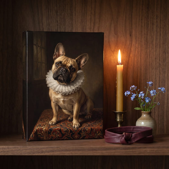 A small gallery canvas portrait of a French bulldog on a quiet shelf beside a candle, forget-me-nots and a collar