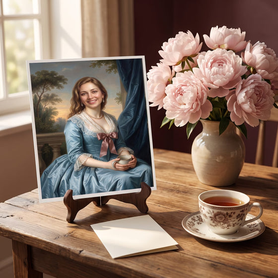 An unframed Noble Lady print on a small wooden stand beside pink peonies, a cup of tea and a blank card