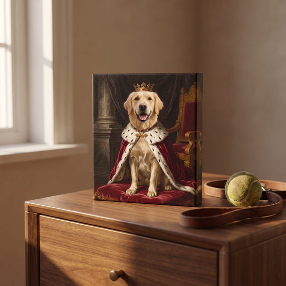 A small gallery canvas portrait of a crowned golden retriever beside a leather leash and a tennis ball