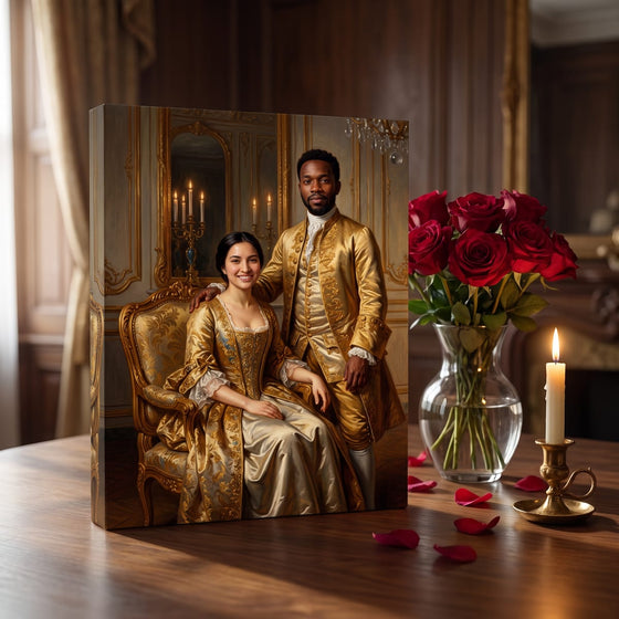 A small gallery canvas portrait of a young couple beside deep red roses, petals and a candle