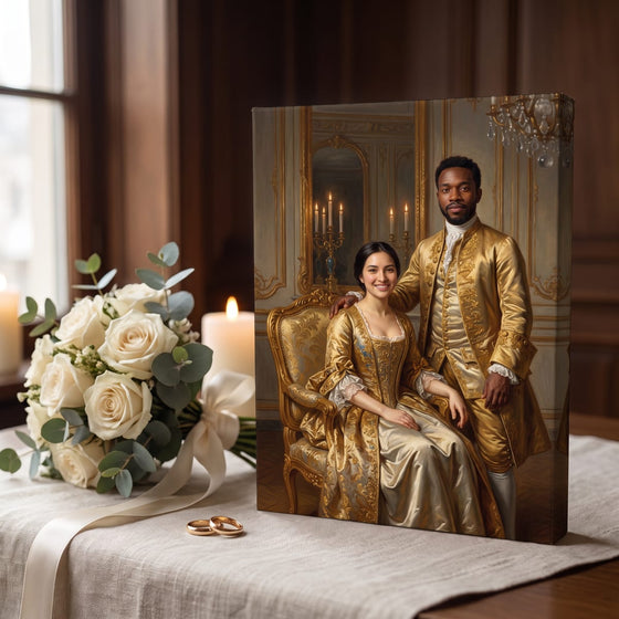 A small gallery canvas Palace Portrait of a young couple beside a bridal bouquet and two gold rings