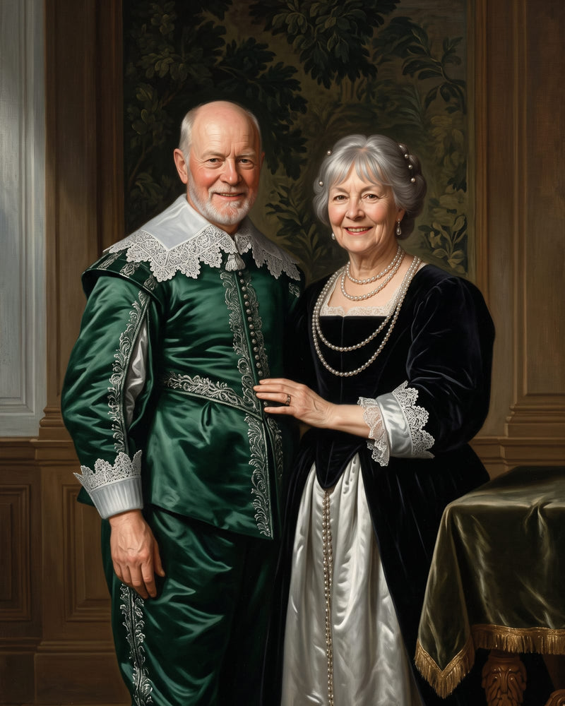 Duke & Duchess style portrait of a smiling older couple in emerald satin and black velvet with lace collars and pearls, before a tapestry