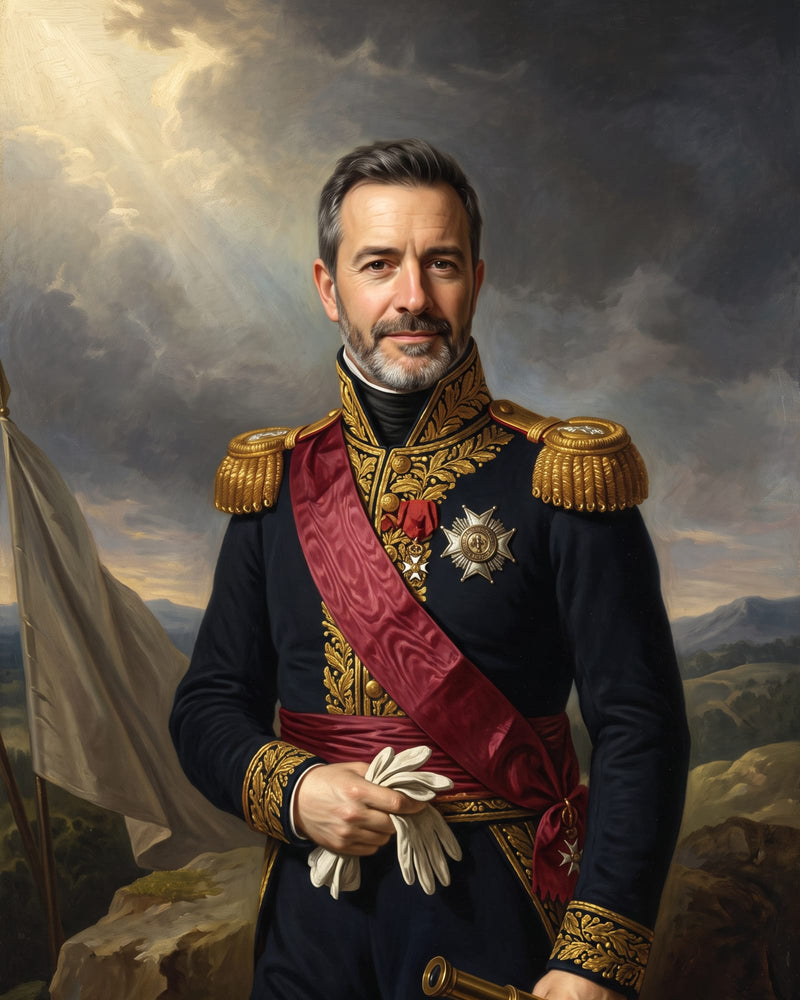 Military Commander style portrait of a bearded man in a navy dress coat with gold epaulettes and a crimson sash beneath a stormy sky