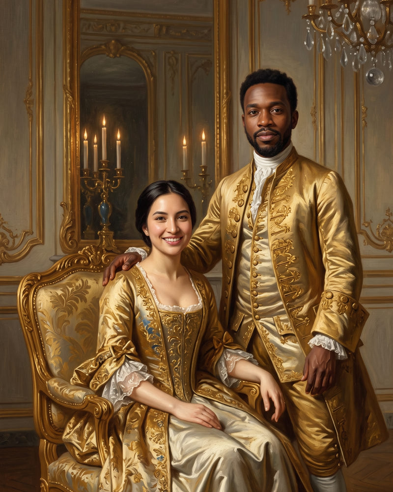 Palace Portrait style portrait of a young couple in gold brocade in a gilded salon, she seated in a gilt armchair, he standing beside her