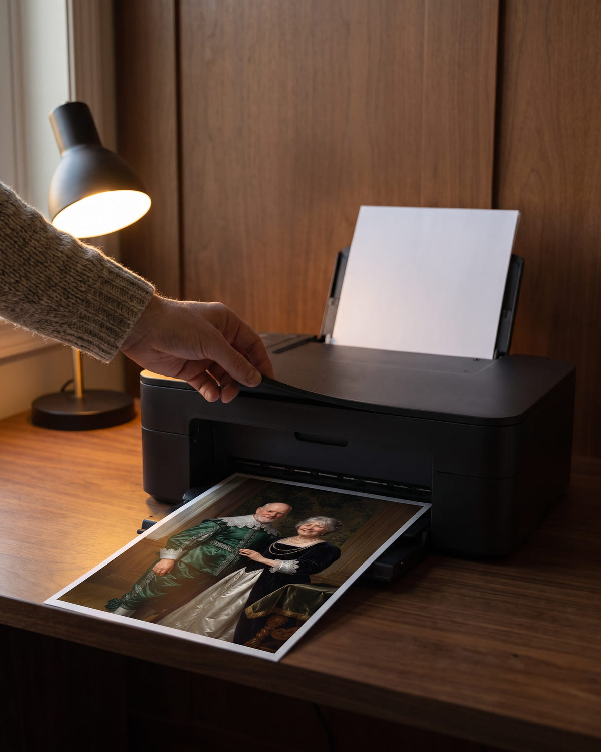 Digital Artwork printed at home: a Duke & Duchess portrait coming out of a home printer on a walnut desk