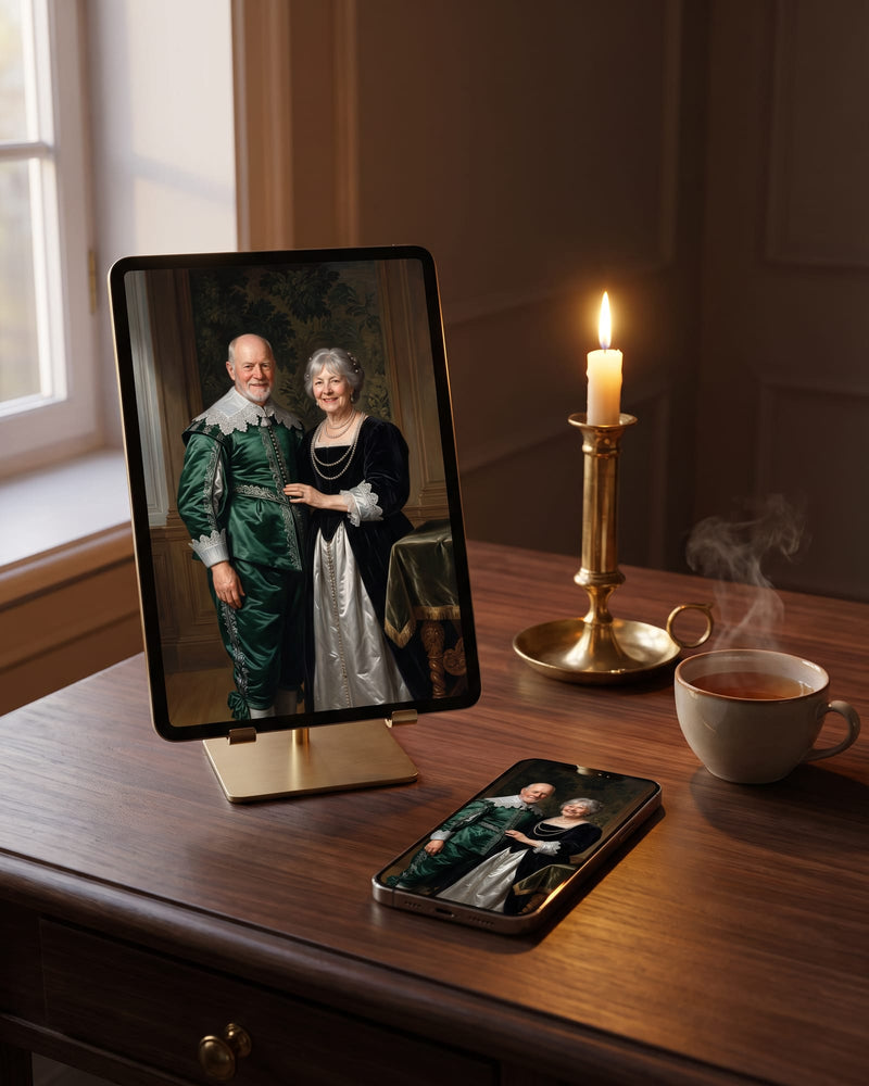 Digital Artwork: a Duke & Duchess portrait of an older couple shown on a tablet and a phone on a candlelit desk