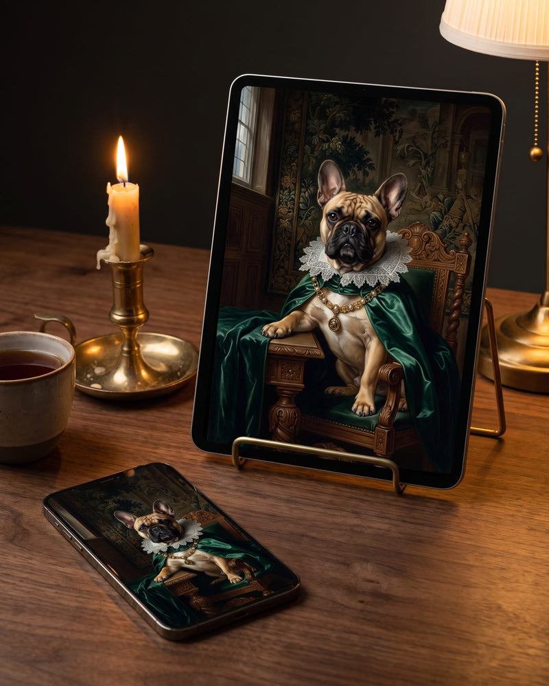 Digital Artwork: a Duke & Duchess portrait of a French bulldog shown on a tablet and a phone on a candlelit desk