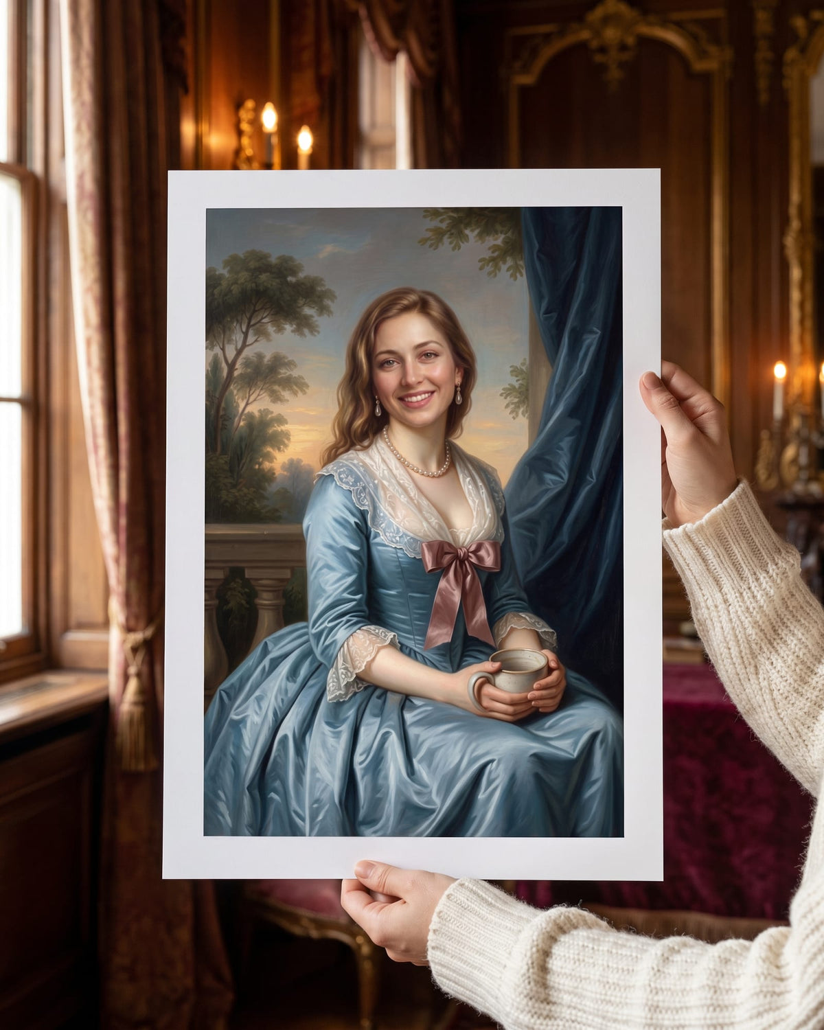 Hands holding an unframed Fine Art Print of a Noble Lady portrait, white border and matte archival paper, as it is delivered