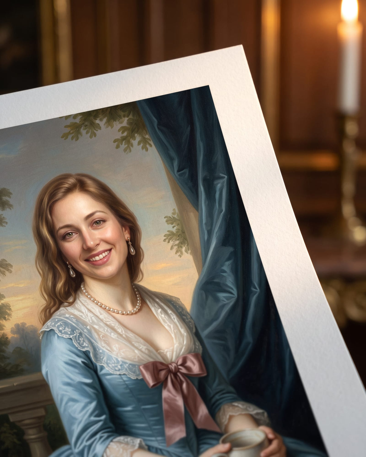 Close-up of the matte archival paper of a Fine Art Print, showing the fine paper texture and the printed portrait detail
