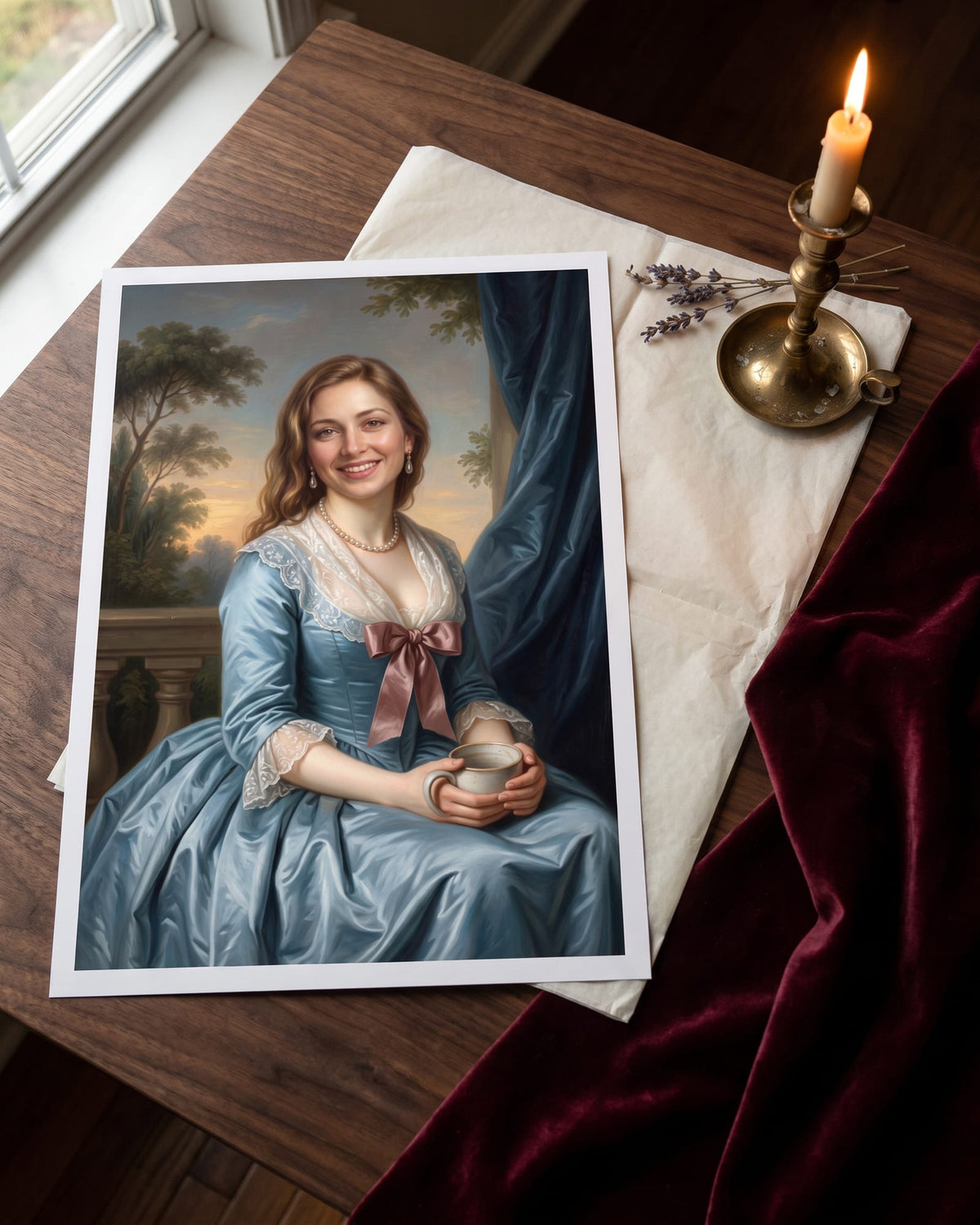 Unframed Fine Art Print of a Noble Lady portrait with a white border, lying on a walnut table beside tissue paper and a candle
