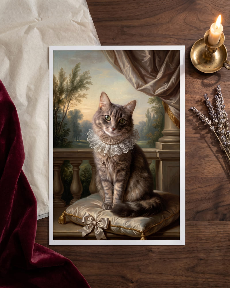 Unframed Fine Art Print of a Noble Lady portrait of a tabby cat in a lace ruff and pearls, on a walnut table beside tissue paper, lavender and a candle
