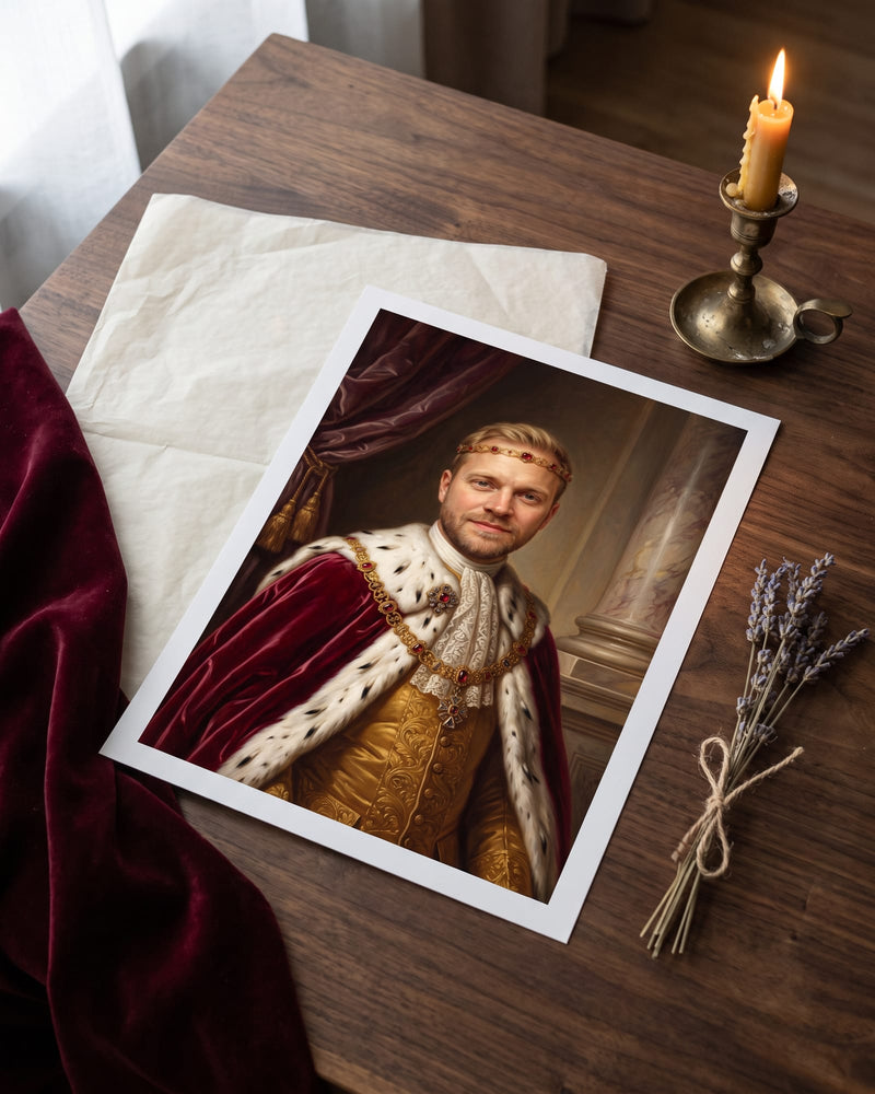 Unframed Fine Art Print of a Royal Court portrait of a smiling man with a jewelled circlet and an ermine-lined mantle, on a walnut table beside tissue paper and a candle