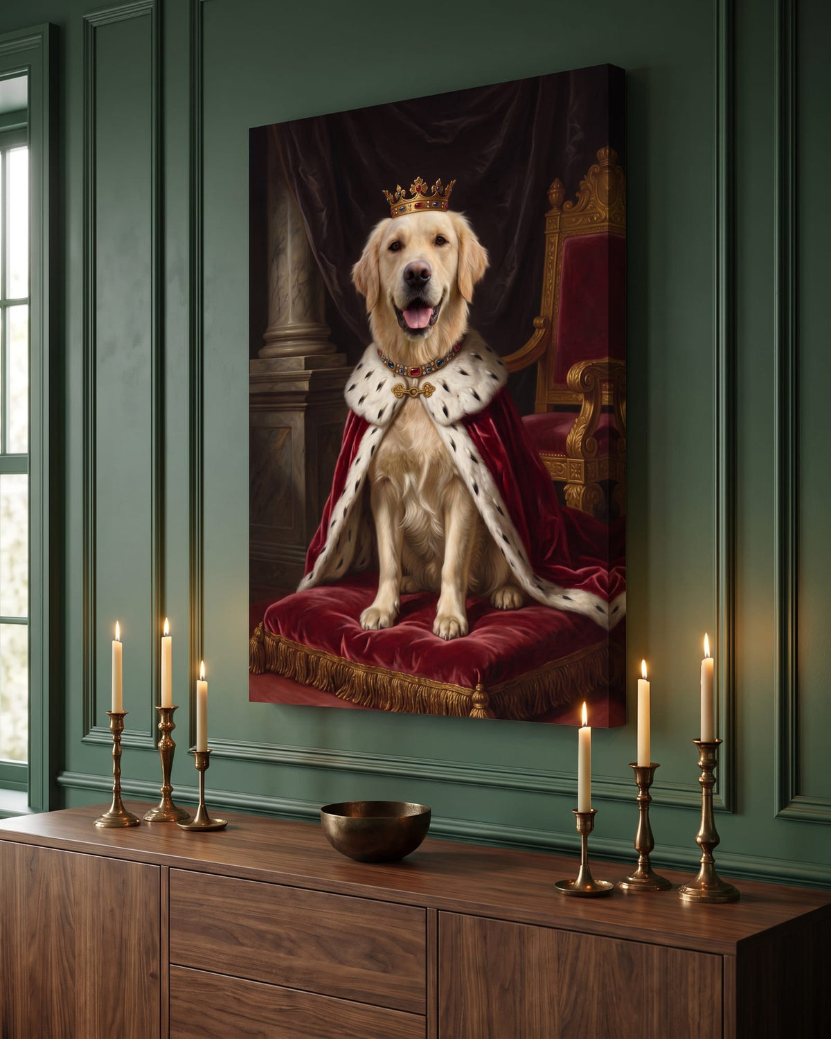 Gallery Canvas of a Royal Court portrait of a crowned golden retriever on a green panelled wall above a walnut sideboard