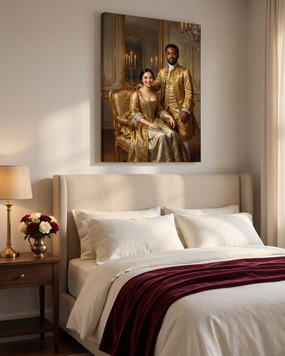 A Palace Portrait of a young couple as a gallery canvas above the bed in an elegant bedroom