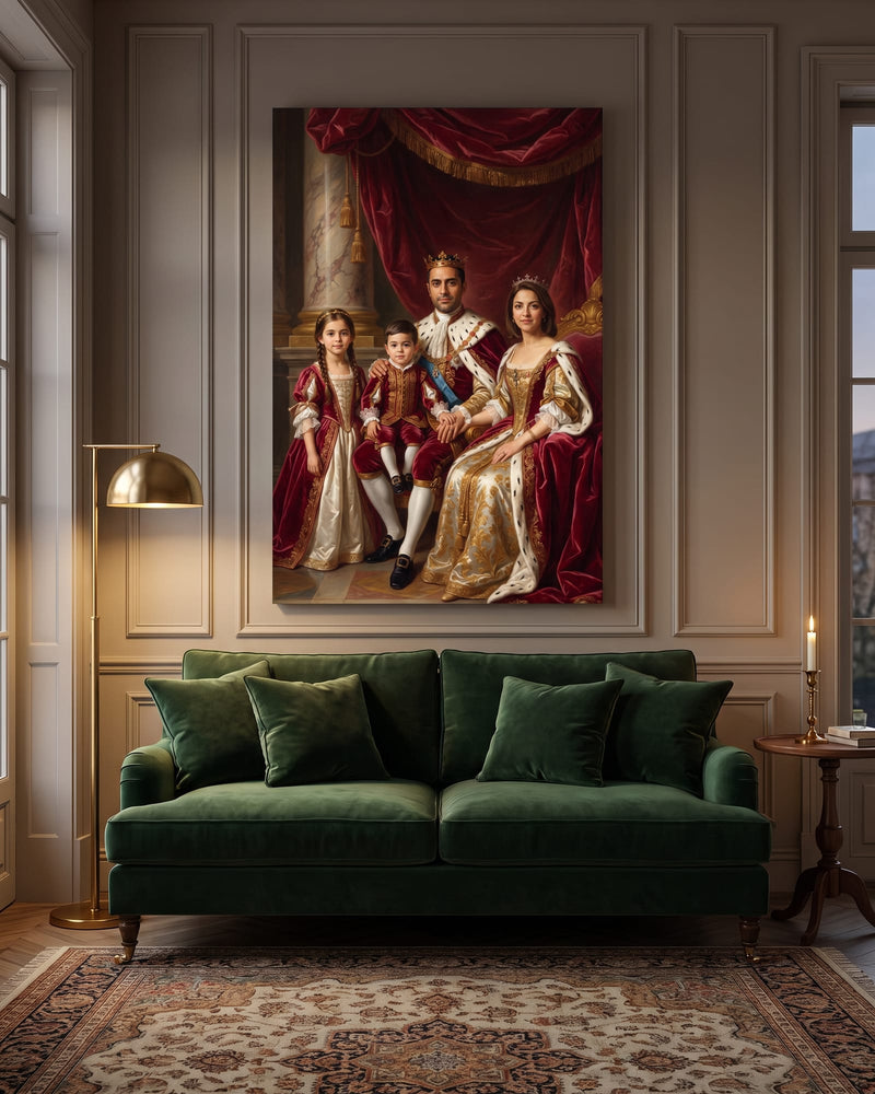 A Royal Court family portrait as a large canvas above a green velvet sofa in a refined living room at dusk