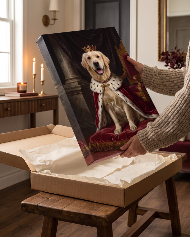 Des mains sortent de son carton d'expédition, garni de papier de soie, une toile Cour royale d'un golden retriever