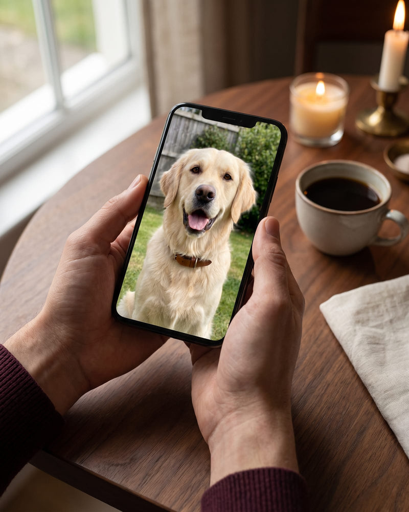Hands holding a phone that shows a casual photo of a golden retriever, ready to upload